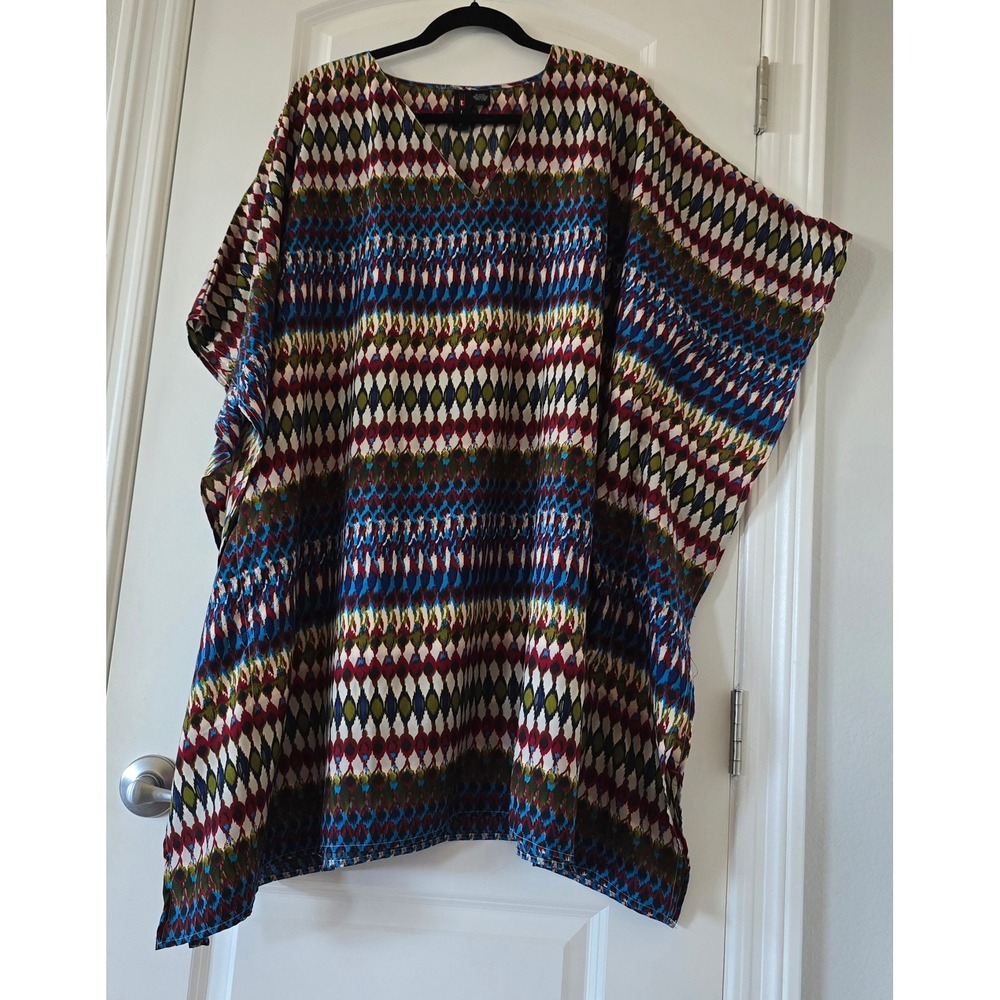 T Tease Womens Geometric Ikat Print Kaftan V-Neck Kimono Top Multicolor S/M